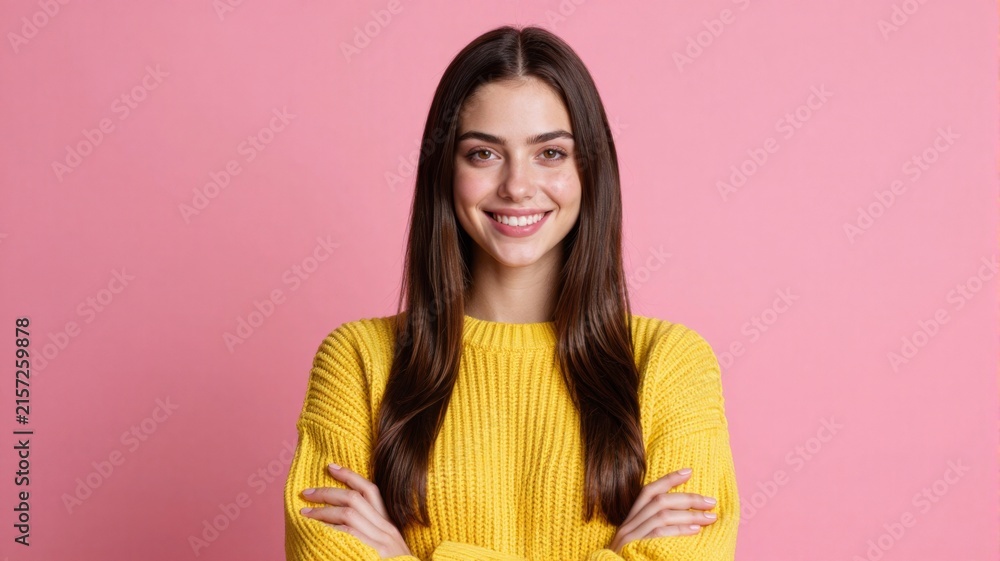 Fototapeta premium Smiling Young Woman in Yellow Sweater Standing Against Pink Background
