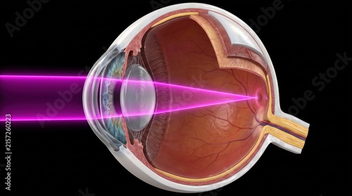 Human Eye Anatomy Diagram with Light Rays Focusing on Retina, Medical Vision Process Illustration Isolated on Black Background