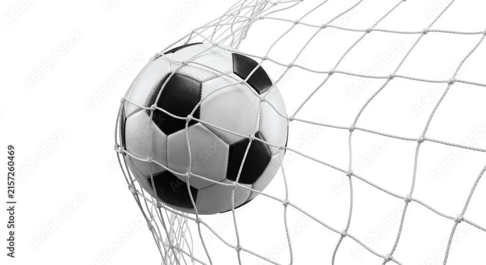 Fototapeta premium Sports competition, classic soccer ball in goal net isolated on transparent background. football athletic game equipment cutout. Beautiful high quality 3d realistic design elements collection.