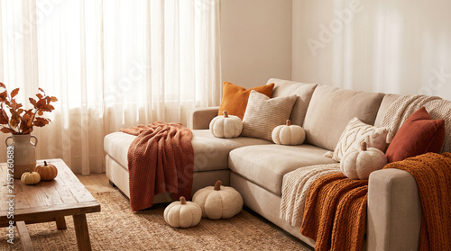 Cozy autumn living room interior with neutral sofa and pumpkin decor