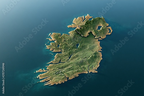Aerial view of Ireland island map with topographic landscape details surrounded by blue ocean water photorealistic render.