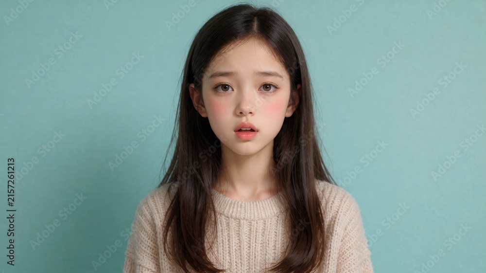 Obraz premium Young Girl with Surprised Expression and Long Brown Hair