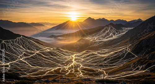 Mountain landscape with winding ski slopes during stunning sunrise and morning light glow across alpine peaks