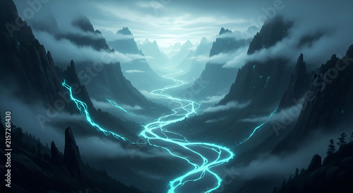 Mystical glowing river winding through dark mountain valley with dramatic fog and mist during twilight landscape