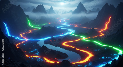 Futuristic valley landscape featuring glowing neon rivers winding through dark mountain ranges during night time fantasy environment digital illustration