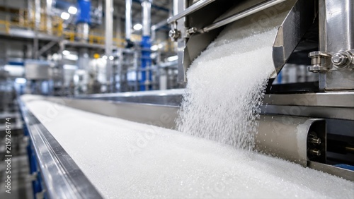  Industrielle Zuckerproduktion. Weißer Kristallzucker fällt auf ein Edelstahl-Förderband in einer modernen Lebensmittelfabrik. Konzept für Verarbeitung, Automatisierung und Lebensmittelindustri