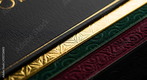 Book binding with gold foil stamping and ornate embossed leather cover texture design for luxury stationery