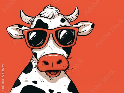 Illustration of cool cow wearing trendy red sunglasses looking stylish against bright orange background for graphic design.