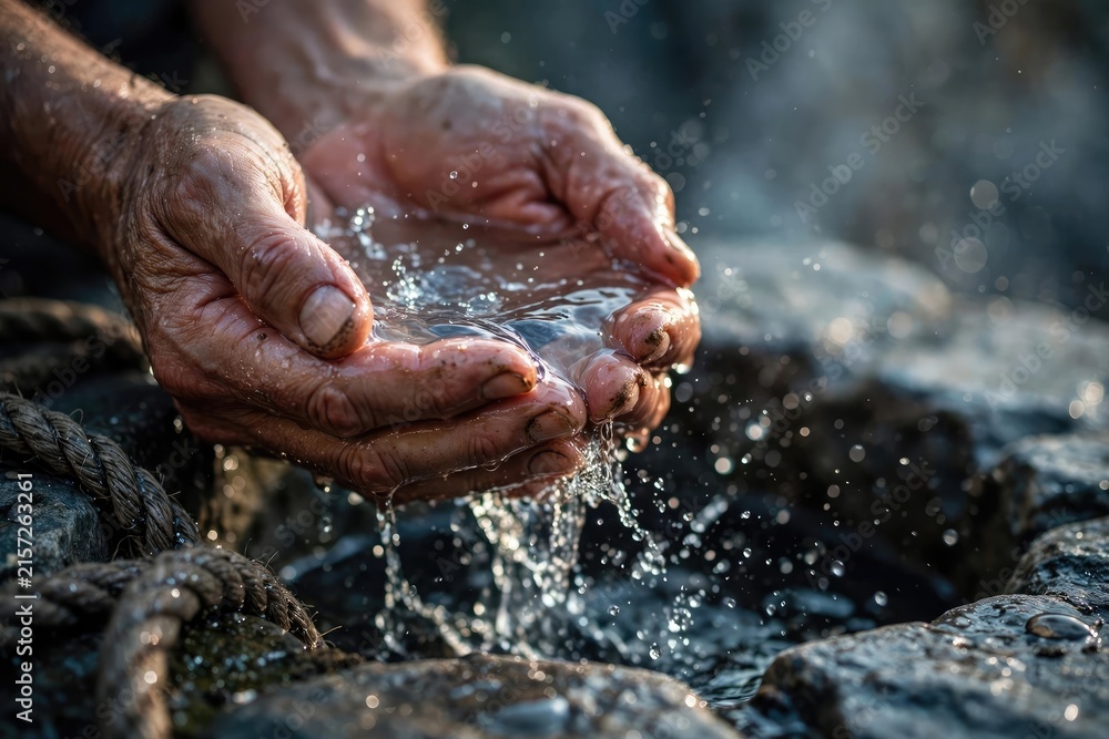 Fototapeta premium Hands Cupping Pure Water from a Natural Stone Source