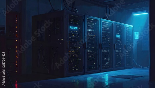 Modern Server Room with Racks and Blue Lighting.