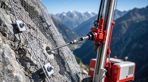 Industrial rock drill machine installing slope stabilization mesh on mountain face