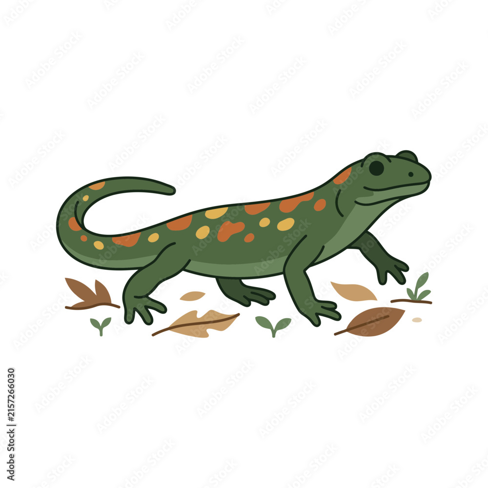 Fototapeta premium Cute Green Spotted Salamander Walking on Autumn Leaves Vector Illustration