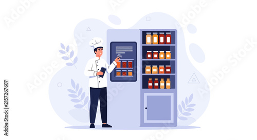 Chef Organizes Pantry with Jars of Ingredients on Shelves, Vector Illustration