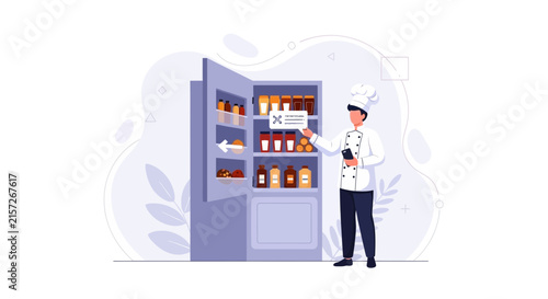 Chef Using Smartphone and QR Code Scanner to Manage Refrigerator Inventory and Food Storage