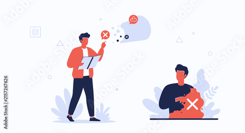 Concept of Error and Rejection in Digital Communication or Data Processing, Illustrated with People and Symbols.