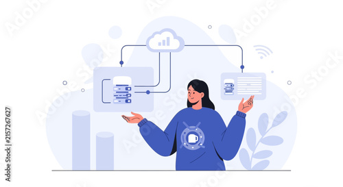 Cloud Computing and Data Analysis Concept - Woman Interacting with Digital Interfaces