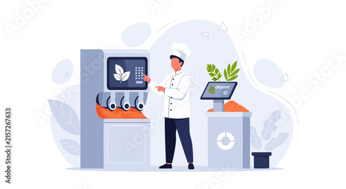 Chef Using Futuristic Organic Food Dispenser Machine - Concept of Healthy Eating and Technology