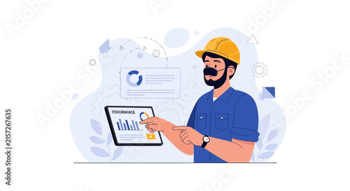 Construction worker in hard hat analyzes performance data on tablet, modern flat illustration