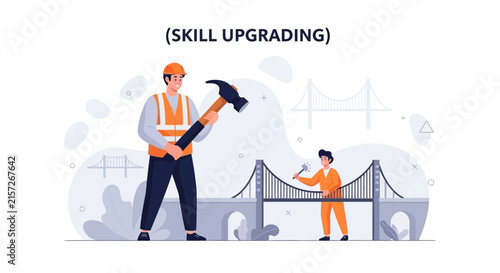 Construction workers building a bridge symbolizing skill upgrading and professional development with hammers and safety vests.