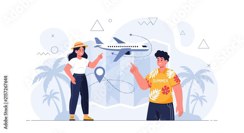 Couple Planning Summer Vacation, Pointing at Airplane Route on World Map with Tropical Background