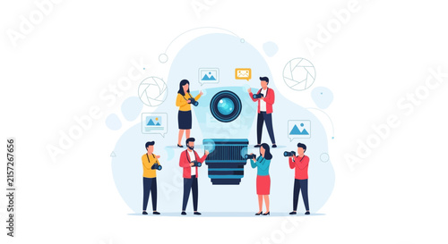 Creative Photographers Working Together Around a Giant Camera Lens, Vector Illustration Concept
