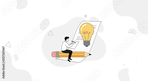 Creative Process: Person writing with a lightbulb and pencil symbolising ideas, innovation and inspiration in modern flat design.