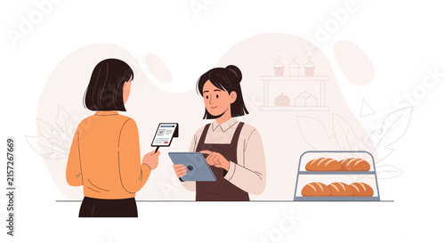 Customer making a contactless payment at a bakery counter with a tablet and card reader, bread displayed