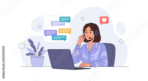 Customer service representative with headset and laptop, communicating via chat and receiving positive feedback.