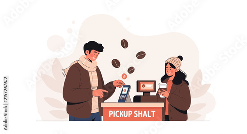Customer paying at coffee shop pickup counter, ordering hot drink with contactless payment, flat design illustration