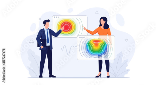 Data Analysis and Visualization: People Examining Heatmaps and Charts on Digital Screens