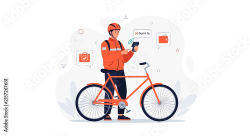 Delivery person with bicycle accepting digital tips and payments via smartphone, modern flat illustration.