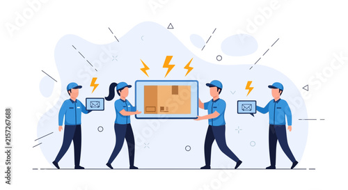Delivery Team Working Together, Carrying Package and Digital Devices with Lightning Bolt Symbols Indicating Speed and Efficiency