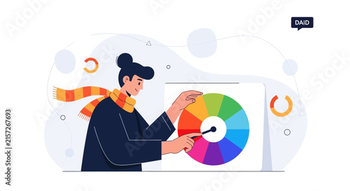 Designer choosing colors from a color wheel, graphic design concept, creativity and inspiration