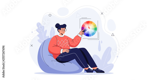 Designer Selects Color Palette from Wheel, Creative Process, Graphic Design Concept, Vector Illustration