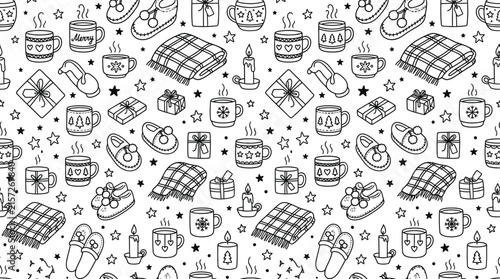 Cozy Winter Pattern with Mugs and Blankets