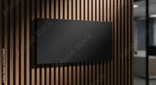 Mockup of Blank Black Signage Plaque on Modern Wood Slatted Wall in Professional Corporate Office Interior Background