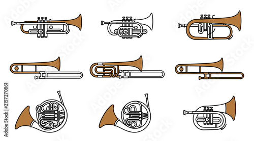 Canvas Print Vector icon set of brass musical instruments including trumpets, trombones, and