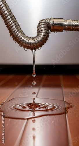 A close-up view of a metallic flexible hose leaking water onto a polished wooden floor, creating a puddle from a faulty appliance connection, wooden, puddle, saturated