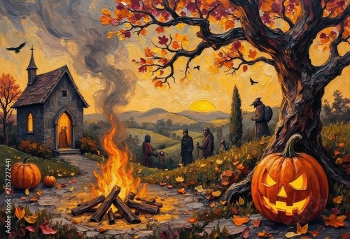 Spooky Autumn Night Scene with Jack-o'-Lanterns and Fire Pit under Fallen Leaves