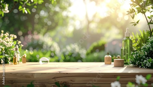 Natural Skincare Products Displayed on a Wooden Table in a Lush Garden Setting.