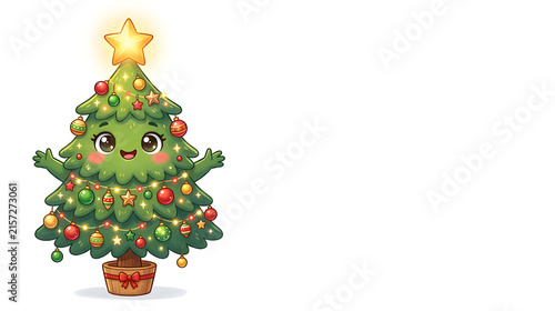 An adorable fully cartoon illustrated Christmas tree with giant sparkling happy eyes, rosy cheeks and an irresistibly sweet smile, tiny arms open wide, colorful red, green and gold ornaments, glowing 