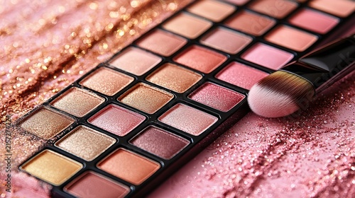 A glamorous eyeshadow palette and makeup brush rest on a bed of glittering, pink sparkles