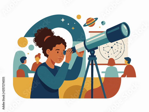 Young student girl flat vector illustration for astronomy education concept with telescope and planets