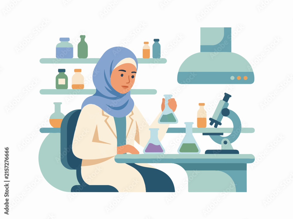 Obraz premium Muslim woman scientist in hijab flat vector illustration for medical research and laboratory STEM concept isolated on white background
