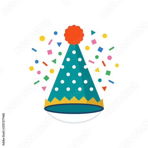 A colorful party hat with festive confetti on white background