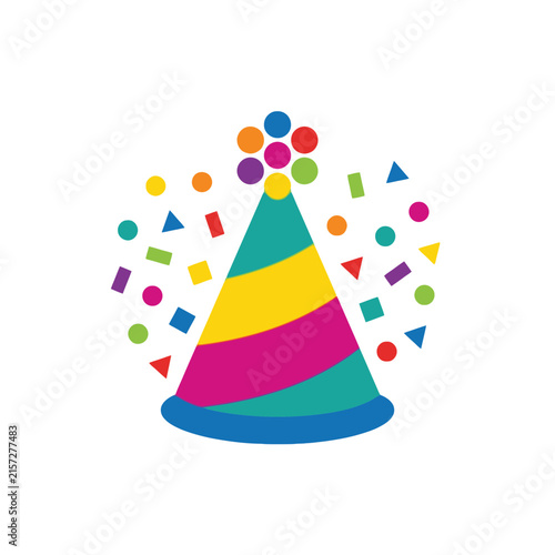 A colorful party hat with festive confetti shapes on white