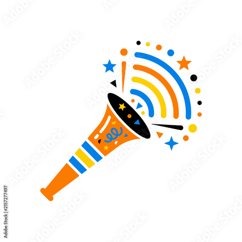A colorful party horn blowing out festive confetti and stars