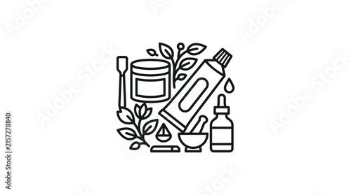 Organic cosmetic products and botanical ingredients illustration.