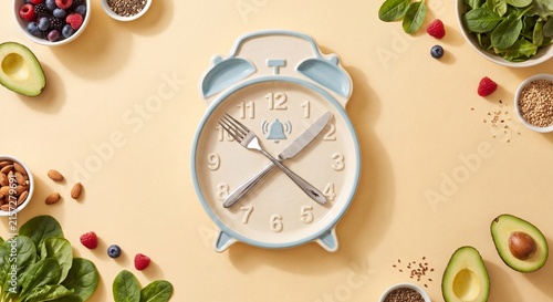 Intermittent fasting and diet schedule concept featuring alarm clock plate with cutlery, fresh berries, avocado, and spinach