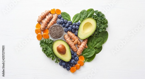 Heart health and cardiovascular wellness concept with a heart shape flat lay of healthy superfoods, avocado, turmeric, blueberries, and chia seeds on white wood
